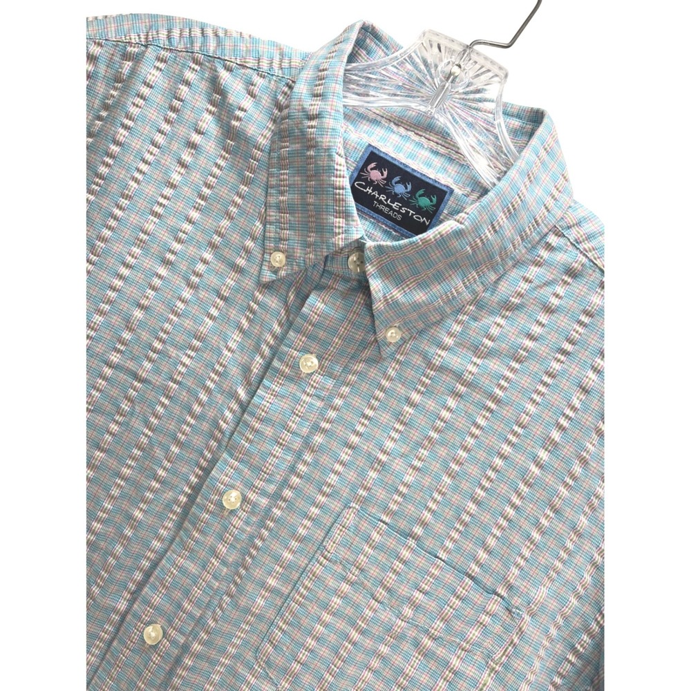 Charleston Threads Mens Seersucker Plaid Button Down Shirt Short Sleeve Blue XL